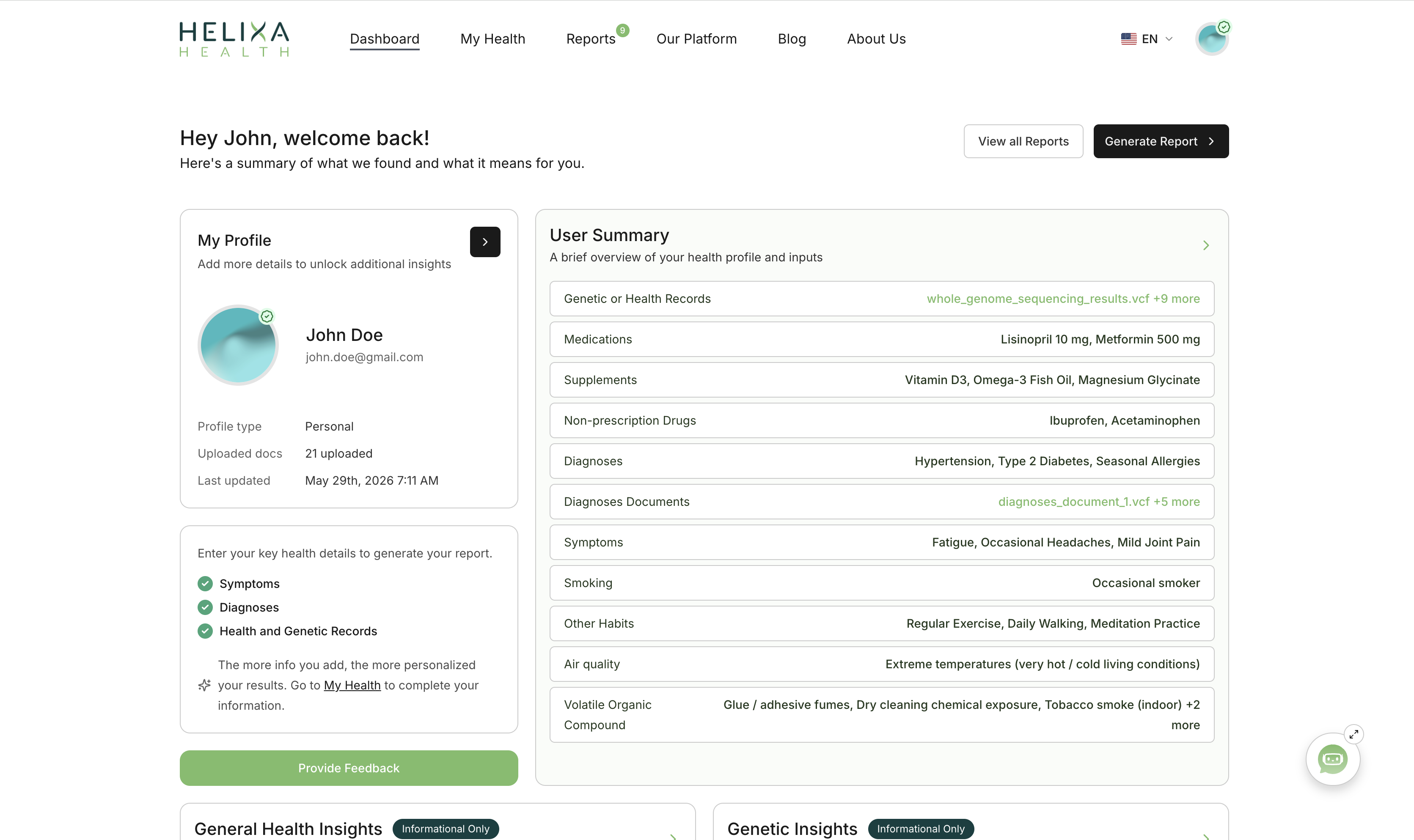 Helixa dashboard overview